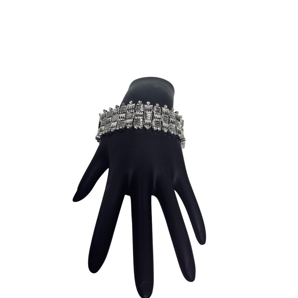 Silver Tone And Clear Rhinestone Basket Weave Stretch Bracelet (6236)